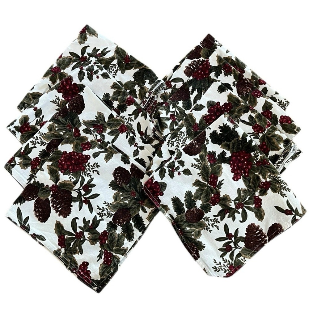 Ralph Lauren Birchmont Cloth Napkins Set of‎ 8 Cream Pinecone Christmas Holly